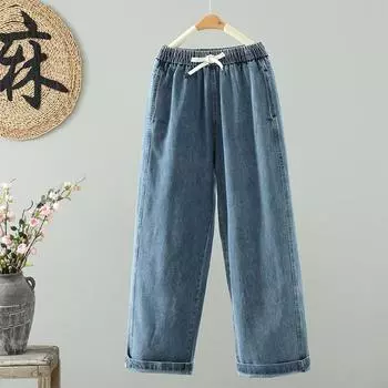 DIMANAF 2025 Весенние джинсы больших размеров, длинные брюки, женские свободные повседневные брюки с высокой талией, эластичные, базовые винтажные брюки M синий