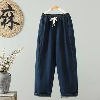 DIMANAF 2025 Большой размер Весенние джинсы Длинные брюки Женские Свободные Винтажные Повседневные С высокой талией Эластичные Базовые Синие Брюки M синий