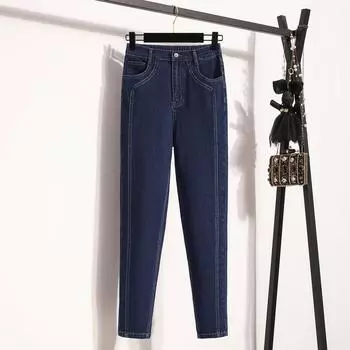 DIMANAF 2025 Весенние джинсы большого размера, длинные брюки, женские эластичные базовые брюки, свободные повседневные джинсовые женские синие брюки, модные брюки 5XL XL синий