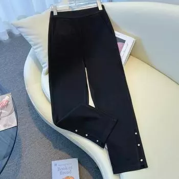 DIMANAF 2025 Весенние джинсы большого размера, длинные брюки для женщин, эластичные, свободные, на пуговицах, черные, OL, повседневные, с высокой талией, базовые, женские, базовые, для показа, тонкие брюки 5XL 3XL чёрный