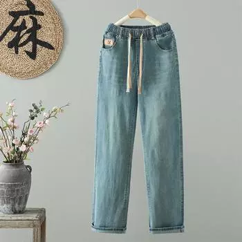 DIMANAF 2025 Весенние джинсы большого размера, длинные брюки, женские эластичные свободные винтажные повседневные базовые брюки с высокой талией M синий