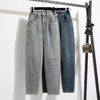Dimanaf 2025 Весенние джинсы большого размера, длинные шаровары, женские синие повседневные эластичные базовые брюки с высокой талией 5XL S синий