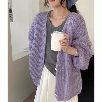 DIMANAF 2025 Весенний однотонный кардиган для женщин, однотонные свитера, вязание, базовая мода, свободный свитер с круглым вырезом One size фиолетовый