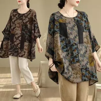 DIMANAF 2025 Весенняя футболка больших размеров для женщин с принтом рукава «летучая мышь» Цветочные винтажные свободные топы повседневные One Size коричневый