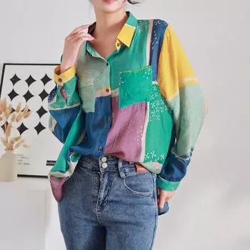 DIMANAF 2025 Весенняя льняная рубашка с длинным рукавом Женская блузка Модные цветочные топы Свободные 2025 Новинка One Size зелёный