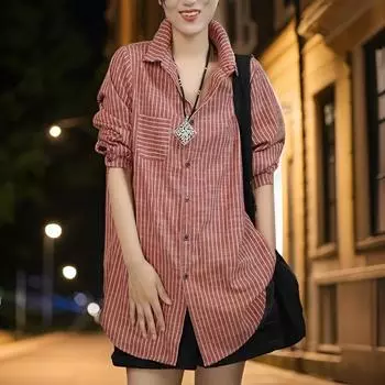 DIMANAF 2025 Весенняя рубашка с длинным рукавом Женская блузка Модные полосатые топы Свободные новые One Size красный