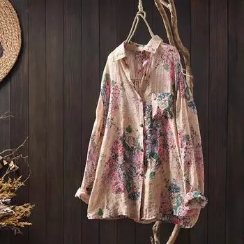 DIMANAF 2025 Весенняя рубашка с длинным рукавом Женская блузка Модные цветочные топы Свободные новые One Size зелёный