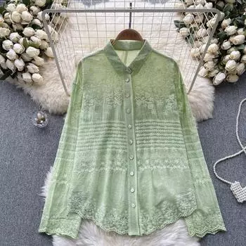 DIMANAF 2025 Весенняя рубашка женская кружевная блузка с коротким рукавом модные топы футболки свободные белые зеленые футболки новые One Size зелёный