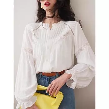DIMANAF 2025 Весенняя рубашка женская кружевная блузка с рукавами модные топы футболки свободные белые футболки новые One Size белый