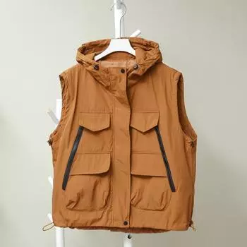 Dimanaf 2025 Весна безрукавка жилет женские топы новые базовые карманы пальто повседневная однотонная свободная верхняя одежда One Size оранжевый