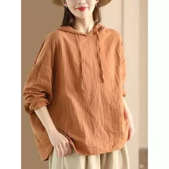 Dimanaf 2025 Весна Блузка Рубашка Шляпа Футболка Большого Размера Женская Льняная Длинный Рукав Карманы Модные Топы Футболки Свободные Футболки Новые One Size