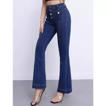 DIMANAF 2025 Весна Большие Расклешенные Джинсы Длинные Брюки Женские Эластичные Свободные Базовые Брюки Синие Джинсы С Высокой Талией M синий