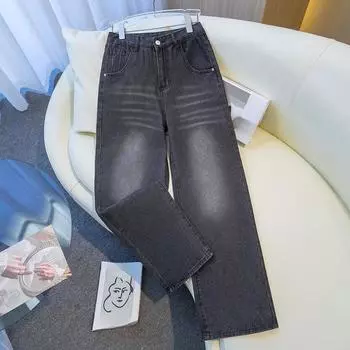 DIMANAF 2025 Весна Большие расклешенные джинсы Длинные брюки Женские эластичные свободные базовые брюки Синие джинсы с высокой талией A S серый