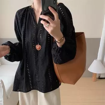 DIMANAF 2025 Весна Большой размер Кружевная рубашка с длинным рукавом Женская блузка Модные открытые топы Свободная новая белая футболка One Size белый