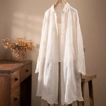 DIMANAF 2025 Весна Льняная Блузка Рубашка Длинный Рукав Кардиган Женская Блузка Модные Длинные Кружева Белые Цветочные Топы Свободные Новые one size fits all белый