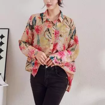DIMANAF 2025 Весна Льняная Рубашка С Длинным Рукавом Женская Блузка Модные Цветочные Топы Свободные Новые One Size красный