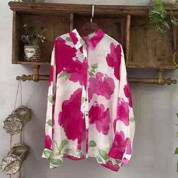 DIMANAF 2025 Весна Льняная Рубашка С Длинным Рукавом Женская Блузка Модные Розовые Цветочные Топы Свободные Новые One size розовый