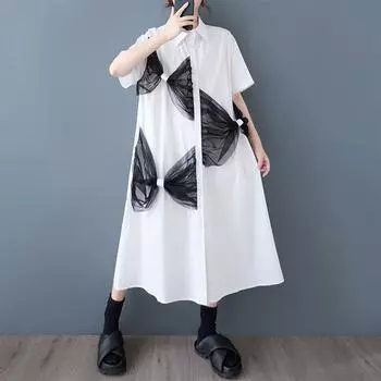 Dimanaf 2025 Весна Лето Платье-рубашка Плюс Размер Женщин Повседневный Винтаж Длинное Платье Свободное Базовое Черное Белое Платье One Size белый