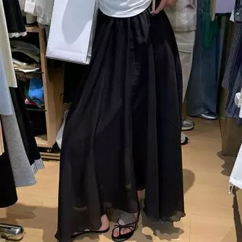 DIMANAF 2025 Весна Однотонные Женские Новые Юбки Эластичные Элегантные Белые Плиссированные Юбки Кружева Высокая Талия One Size чёрный