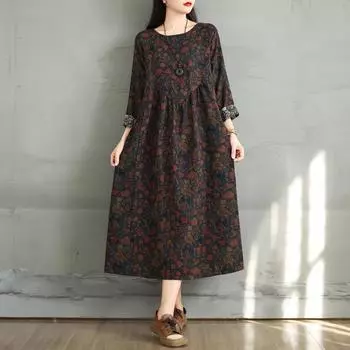 DIMANAF 2025 Весна Плюс Размер Женщин Длинное Платье Свободный Повседневный Винтаж Длинный Рукав Цветочный Новый О-Образным Вырезом Плиссированный L темно-синий