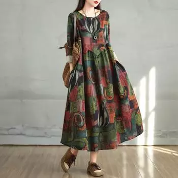 DIMANAF 2025 Весна Плюс Размер Женское Длинное Платье Винтаж Свободный Повседневный Длинный Рукав Печать Новый Плиссированный О-Образный Вырез L зелёный