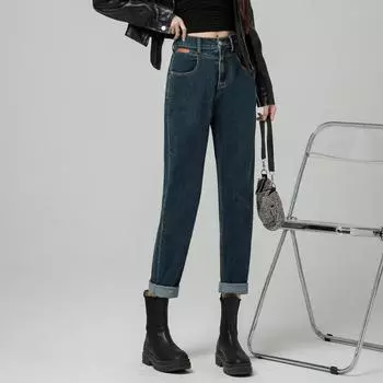 Dimanaf 2025 Весна Плюс Размер Женские Эластичные Джинсы Брюки Пуговицы Шаровары Базовые Брюки С Высокой Талией Синие Длинные Брюки S синий