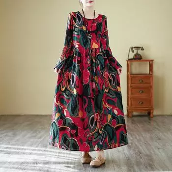Dimanaf 2025 Весна Женщин Плюс Размер Праздничное Свободное Платье Винтаж Базовый Плиссированное Длинное Платье Повседневное Платье Макси XL красный