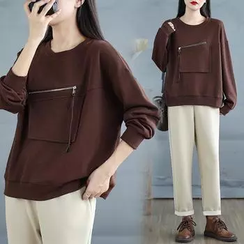 DIMANAF 2025 Весна Женщины Плюс Размер Пуловеры Длинные Рукава Топы Футболки O-образный Вырез Повседневная Женская Свободная Рубашка Однотонный L дубильная кора