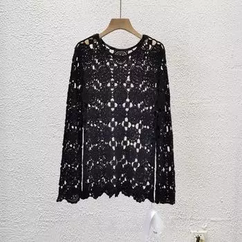 DIMANAF 2025 Весна Женская футболка с длинным рукавом и вырезом Базовые кружевные новые модные топы Кружевные футболки Повседневные свободные футболки One Size чёрный