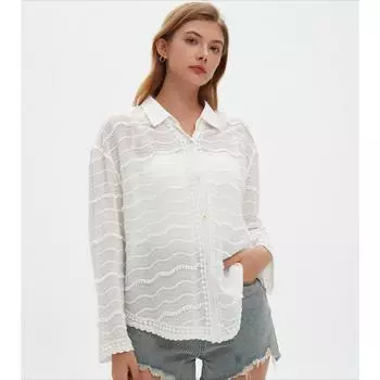 DIMANAF 2025 Весна Женская рубашка кружевная блузка с длинным рукавом в полоску на пуговицах Топы Футболки Свободные белые футболки Новые One Size белый