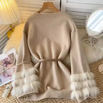 DIMANAF 2025 Весна Женские Базовые Сексуальные Свитера Пояс Кисточки Пуловеры Топы Свободные Женские O-образным Вырезом Свободный Трикотажный Однотонный Свитер One Size дубильная кора