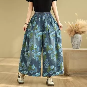 DIMANAF 2025 Весна Женские Джинсы Длинные Брюки Шаровары Высокая Посадка Эластичные Базовые Повседневные Синие Брюки с Цветочным Принтом M синий