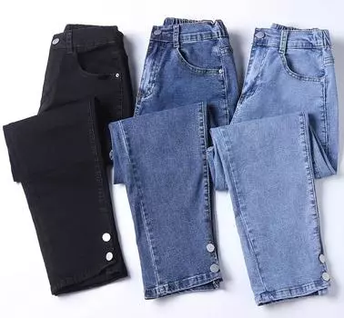 DIMANAF 2025 Весна Женские Эластичные Джинсы Плюс Размер Брюки Женские Теплые Пуговицы Базовые Брюки С Высокой Талией Синие Длинные Брюки S синий