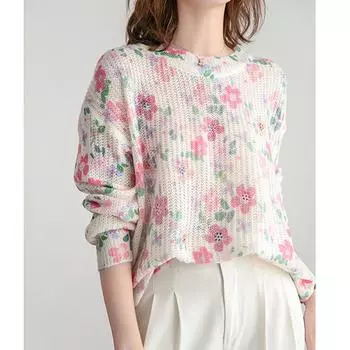 DIMANAF 2025 Весна Женские Красочные Свитера Вязание Цветок Базовая Мода О-Образный Вырез Стиль Свободный Пуловер Свитер One Size розовый