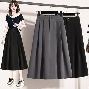 Dimanaf 2025 Весна Женские Новые Юбки Плюс Размер Свободные Высокая Талия Винтаж Эластичные Элегантные Длинные Плиссированные Юбки Твердые L чёрный
