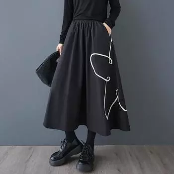 DIMANAF 2025 Весна Женские Новые Юбки Свободные Эластичные Плиссированные Винтажные Элегантные Длинные Юбки Цветочные Большие Размеры L чёрный