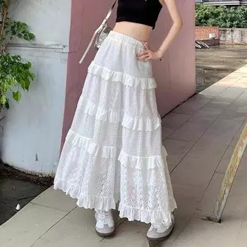 DIMANAF 2025 Весна Женские Новые Юбки Винтаж Эластичные Плиссированные Элегантные Белые Длинные Юбки Кружева Высокая Талия One Size белый