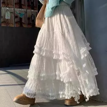 DIMANAF 2025 Весна Женские Новые Юбки Винтаж Свободные Эластичные Плиссированные Элегантные Белые Длинные Юбки Кружева Высокая Талия One Size белый