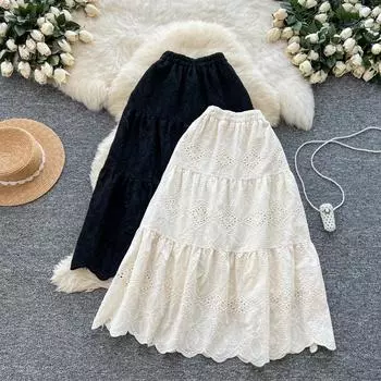 DIMANAF 2025 Весна Женские Новые Юбки Винтажные Эластичные Элегантные Белые Плиссированные Юбки Кружева Высокая Талия One Size чёрный