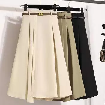 DIMANAF 2025 Весна Женские Новые Юбки Высокая Талия Винтаж Свободные Эластичные Плиссированные Элегантные Длинные Юбки Плюс Размер M дубильная кора