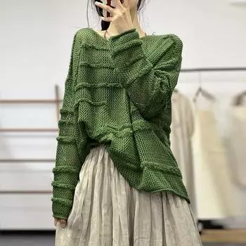 DIMANAF 2025 Весна Женские однотонные свитера Вязание Базовая мода О-образный вырез Стиль Свободный пуловер Свитер One Size зелёный