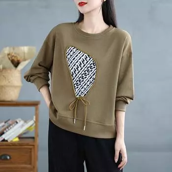 Dimanaf 2025 Весна Женские Пуловеры Больших Размеров Топы С Длинным Рукавом Футболки O-образный Вырез Женские Свободные Повседневные Рубашки Однотонные Большие Размеры L чёрный