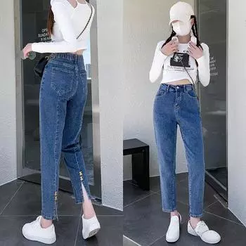 DIMANAF 2025 Весна Женские Синие Джинсы Брюки Женские Эластичные Базовые Брюки С Высокой Талией Длинные Брюки S синий