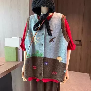 DIMANAF 2025 Весна Женский Безрукавный Жилет Свитера Пуговицы Вязание Плюс Размер Повседневный Стиль Свободный Свитер One size серый