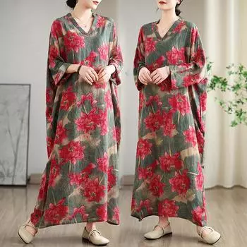 Dimanaf 2025 Весна Женское Длинное Базовое Платье Плюс Размер Повседневное Платье Свободное Цветочное Винтажное Платье Макси One Size красный
