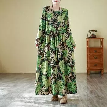 Dimanaf 2025 Весна Женское Платье Большого Размера Свободное Винтажное Базовое Повседневное Длинное Платье Цветочное Плиссированное Праздничное Платье Макси XL зелёный