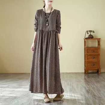 Dimanaf 2025 Весна Женское Праздничное Платье Большого Размера Свободное Винтажное Базовое Плиссированное Повседневное Длинное Платье Полосатое Платье Макси XL коричневый
