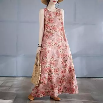DIMANAF 2025 Women Linen Summer Flower print Dress Casual Ladies Basic Long Dress 8137 M