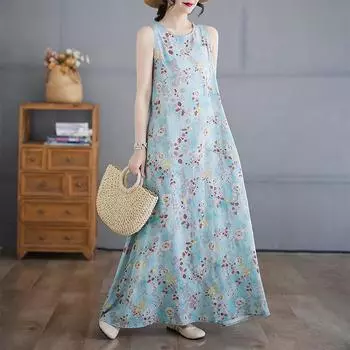 DIMANAF 2025 Women Linen Summer Flower print Dress Casual Ladies Basic Long Dress 8086 M