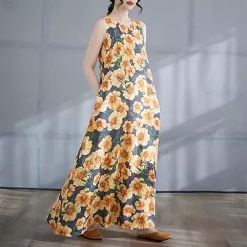 DIMANAF 2025 Women Linen Summer Flower print Dress Casual Ladies Basic Long Dress 8132 M
